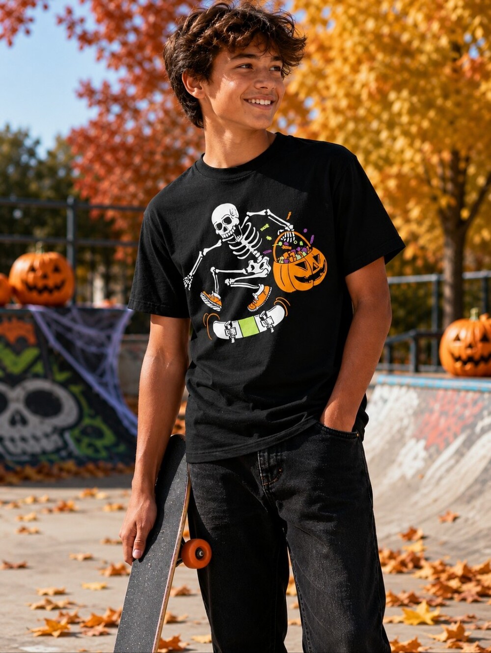 Wonder Nation Boys XXL 18 Skeleton Skateboard Halloween Graphic Tee Black Shirt